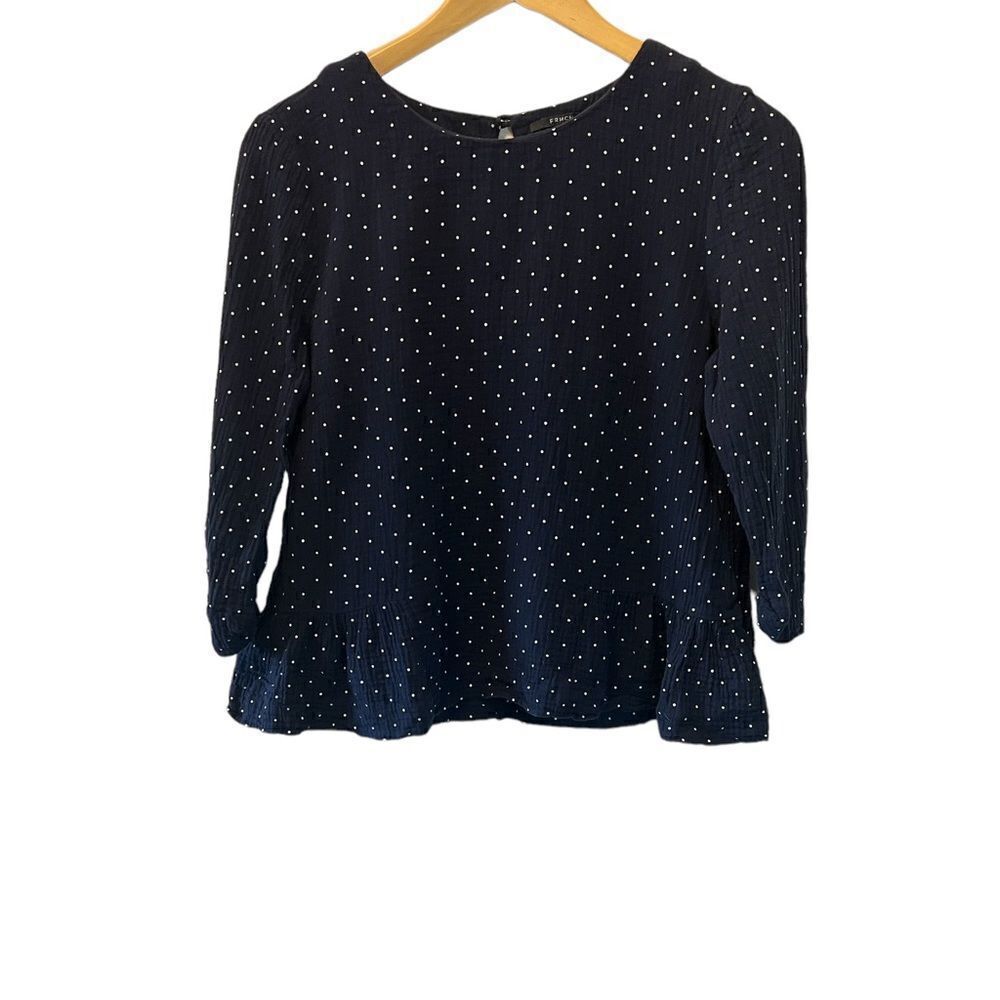 Navy Polka Dot Ruffle Bottom 3/4 SleeveScoop Neck Top S/M